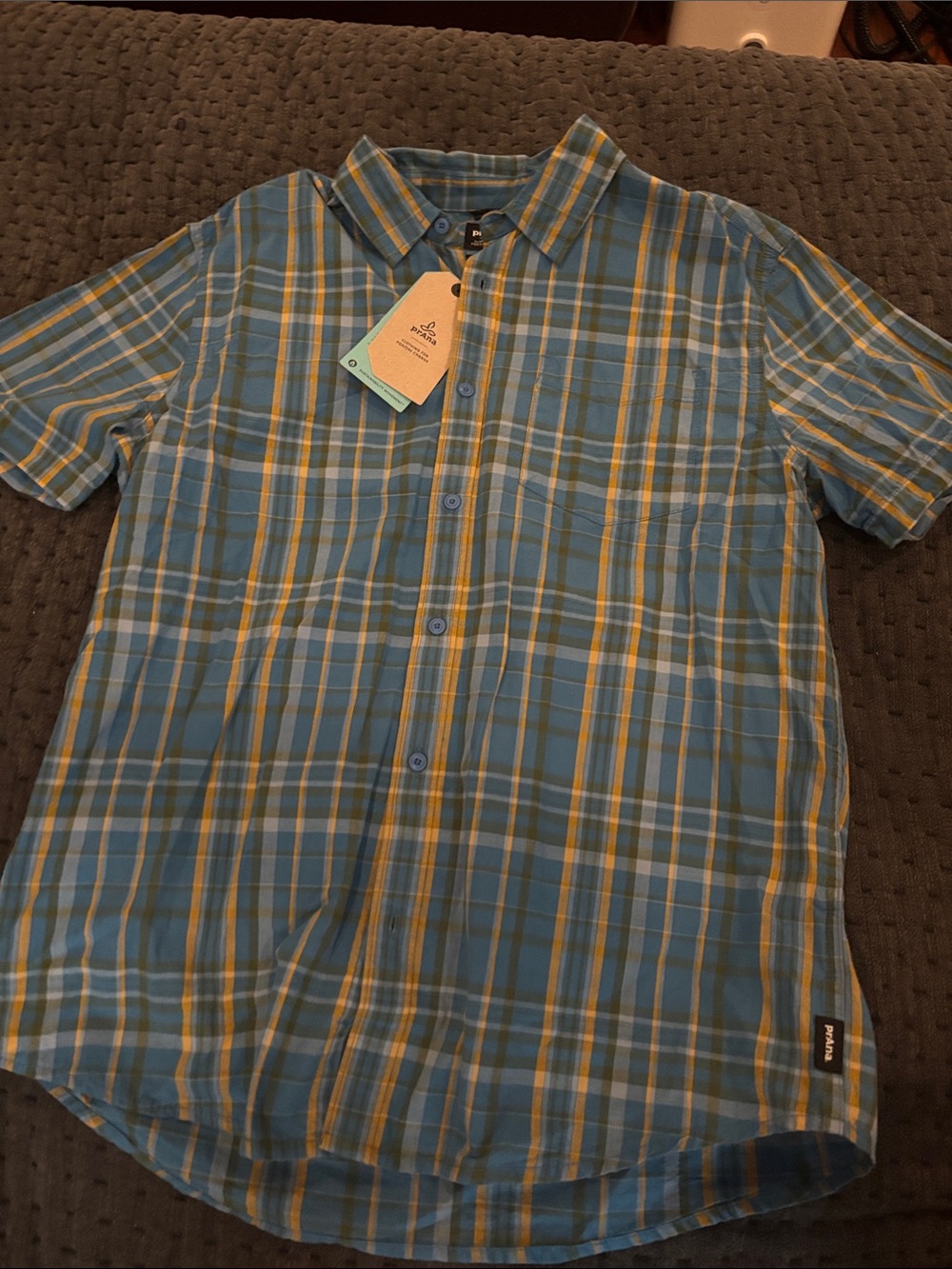 Prana Men’s Teal Blue Plaid Short-Sleeve Button-Down Shirt